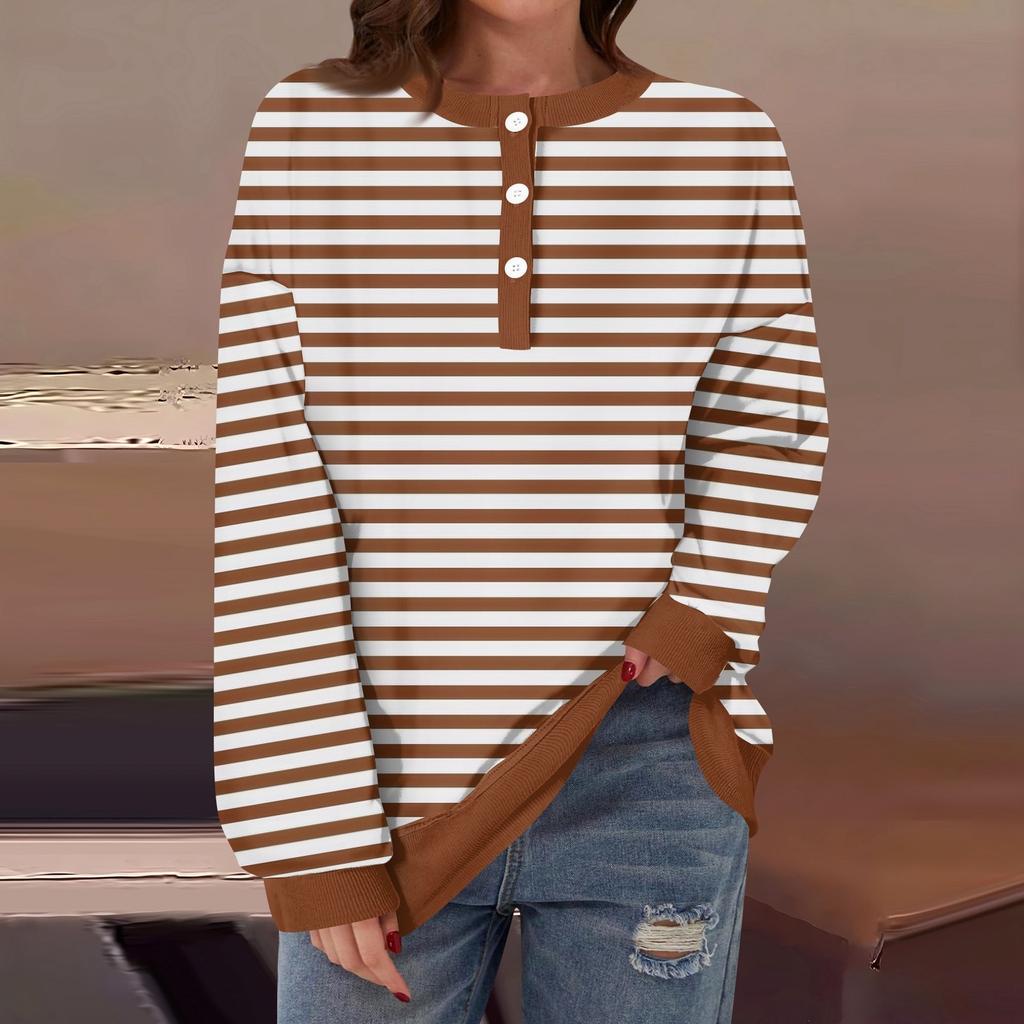 Женская повседневная мода удобная полосатая футболка с длинным рукавом и круглым вырезом на пуговицах, свободный подол с боковыми разрезами