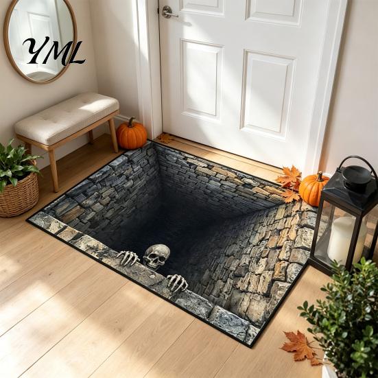 Absorbent Entryway Rug for Rain 3D Halloween Entrance Rug, Spooky Skeleton Depth Pattern Horror Themed Home Decor Non-slip Door Mat Front Bathroom
