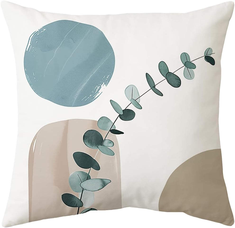 4Pcs Nordic Abstract Plant Cushion Covers, Blue Beige Geometric Pillow Cases For Sofa Bedroom Living Room Decor 45X45Cm