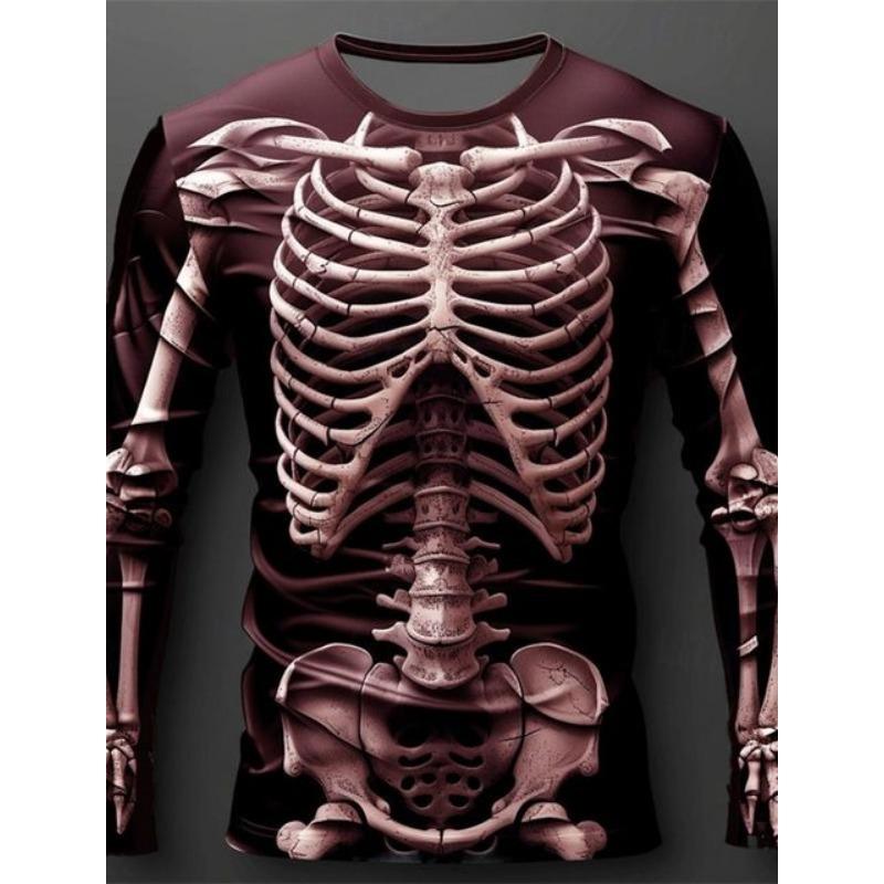 3D Print Skeleton Skulls Pattern T Shirts Men Long Sleeve Casual Fashion T-shirt Top Sweatshirt Breathable Streetwear Loose Tees