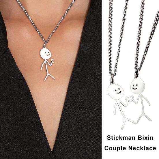 2 Pcs Couple Matching Necklaces Matchstick Men Love Heart Gesture Stainless Hollow Out Chain Electroplated Unisex Pendant Necklace