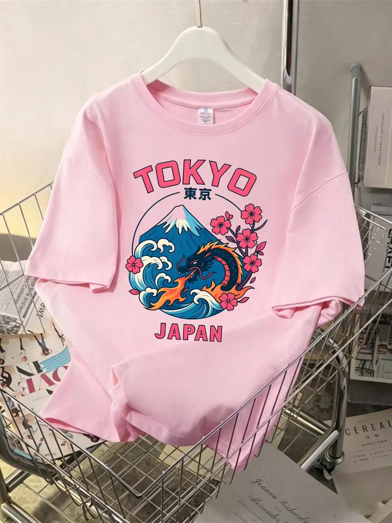 Unisex Tokyo Japan Dragon Cherry Blossom Graphic Tshirt Short Sleeve Crew Neck Loose Japanese Casual Tops For Unisex Unisex