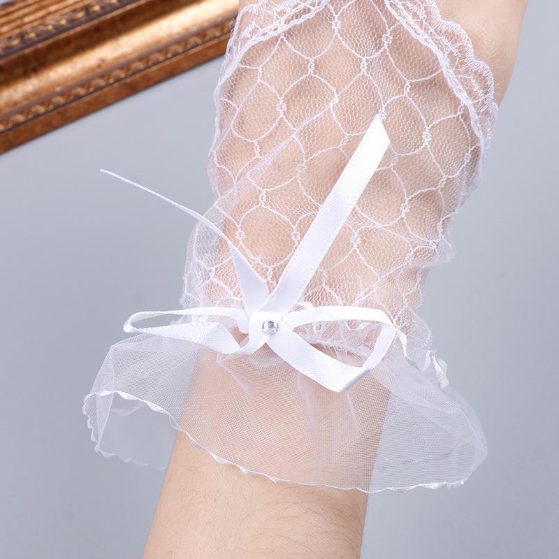 Женские короткие перчатки для вечерней вечеринки с бантом и лентой, однотонные, дизайн полуладони, модные аксессуары, кружевная сетка, для маскарада, 1 пара