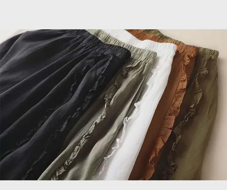 Trendy Cotton-Linen High-Waisted A-Line Skirt: Mid-Length with Ruffled Edges for a Slimming, Drapey Fit.