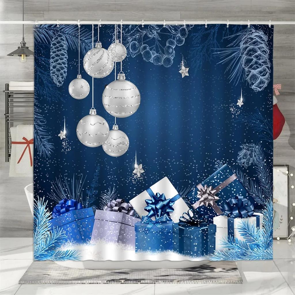 Christmas Shower Curtain, Winter Colourful Christmas Balls Pine Needle Gifts Merry Christmas Wreath Polyester Bathroom Decor