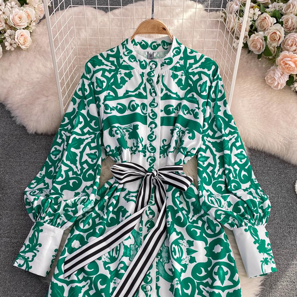 Осеннее модное богемное длинное макси-платье с геометрическим цветочным принтом, женское платье из поплина с воротником-фонариком и рукавами-фонариками на шнуровке, отпускные платья