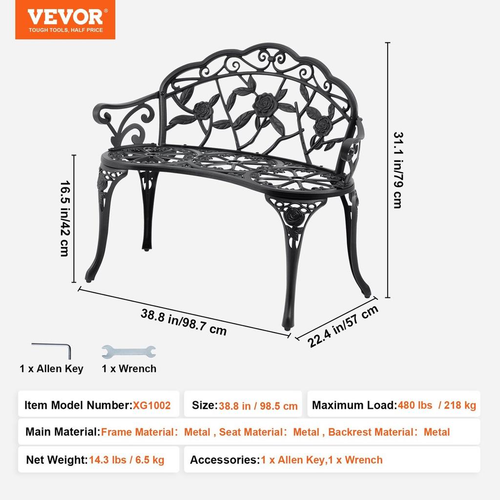 Outdoor Bench, 38.8 inches Metal Garden Bench for Outdoors, 480 lbs Load Capacity Bench, Outdoor Garden Park Bench with Backrest and Armrests, Patio