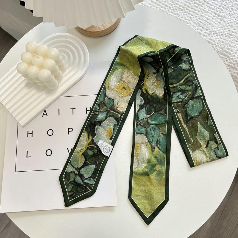 High-Grade Flower Print Long Silk Scarf Hair Band Ribbon Tied-up Hair Long Bow Vintage Satin Ribbon Hair Accessories For Women