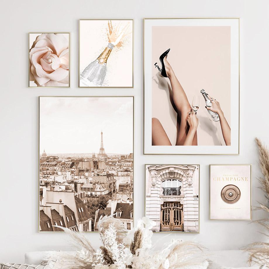 Настенное искусство бежевого Парижа, винтажное здание, цветок шампанского, модная девушка, декор для гостиной, холст, живопись, постеры и принты, изображение