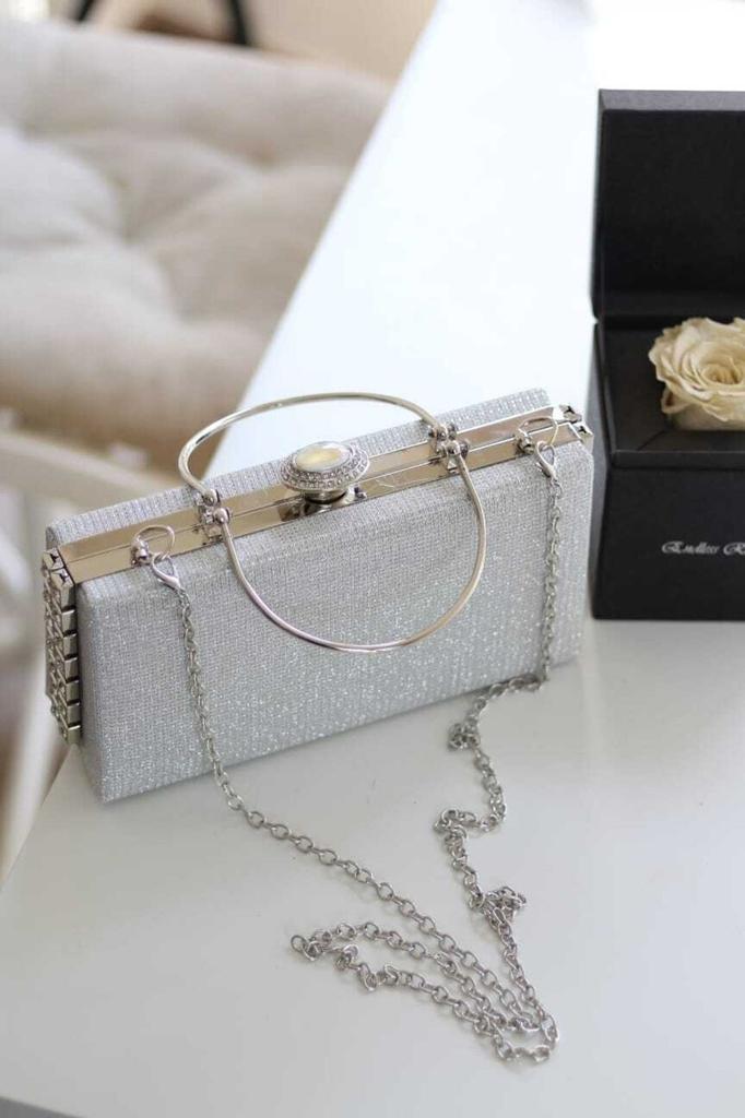 Women's Stylish and Useful Evening Dress Bag Women's Gold Stone Detailed Evening Dress Shoulder Bag with Holder