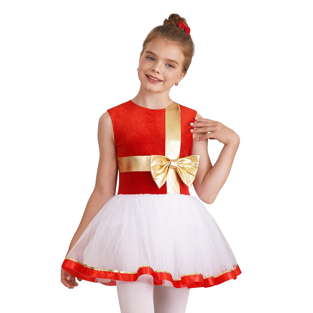 Girls Christmas Dance Dress Sleeveless Keyhole Back Patchwork Bow Sequin Design Leotard Party Costume Santa Theme