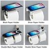 Черный двойной держатель для бумаги с полкой для телефона, алюминиевая стойка для хранения бумажных полотенец для туалета, вешалка для рулонов салфеток для кухни, туалета, ванной комнаты