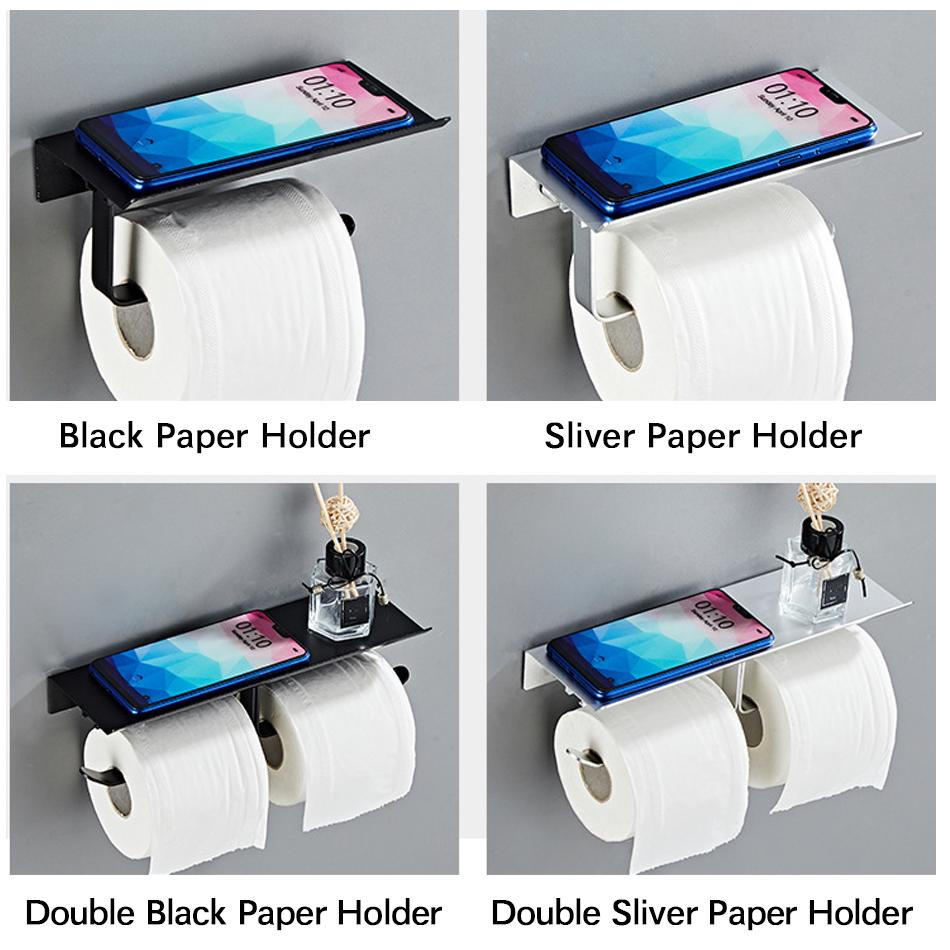 Черный двойной держатель для бумаги с полкой для телефона, алюминиевая стойка для хранения бумажных полотенец для туалета, вешалка для рулонов салфеток для кухни, туалета, ванной комнаты