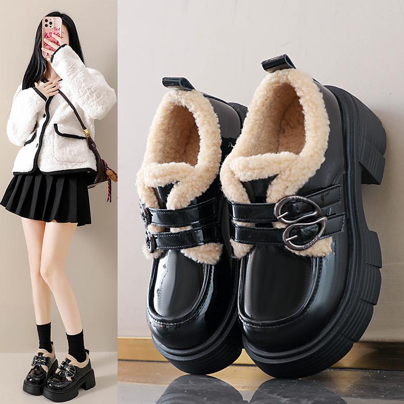 New Velvet Warm Loafers Women'S New Thick Heel Thick Sole Retro New Small New Small Leather Shoes