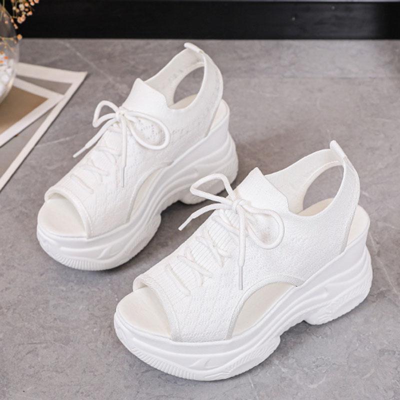 Fashion Comemore Thick Bottom Sandals Women Summer Mesh Fish Mouth High Heels Casual Sport Style Roman Sandal White Black Wedge Sandales