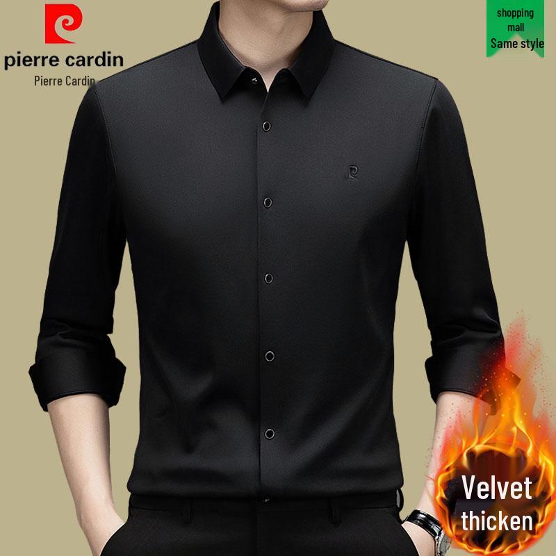 Мужская рубашка Pierre Cardin с длинным рукавом из шелка-тусса (mulberry silk) - Не требует глажки, С начесом, Высококачественный business casual для осени/зимы