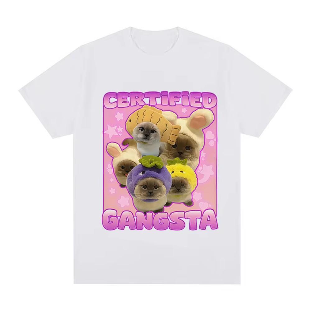 Certified Gangsta Funny Cat Meme T-shirts Men Women Cute Style Cotton Short Sleeve T Shirts Casual Oversized O-Neck Tops T Shirt