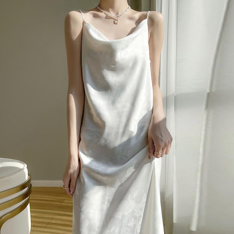 Silk Satin Spring Summer Ladies Swing Neck Jacquard Temperament Slimming Slip Dress with Silk Slip Slip Dress