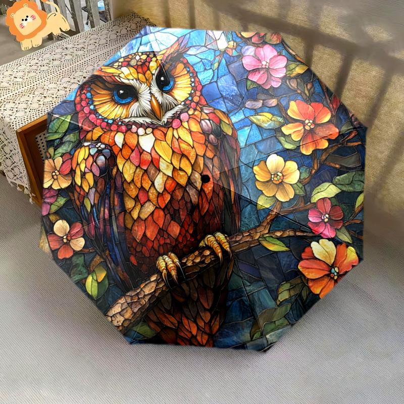 1 шт. Автоматический складной зонт - Узор «Совы и цветы», Портативная и складная конструкция с 8 спицами, Рождественские и новогодние подарки