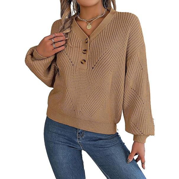 Женский свитер оверсайз с V-образным вырезом и длинными рукавами, ажурный пуловер, толстовка с пуговицами, топ