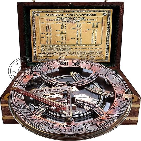 5 Inch Steampunk Gilbert Sundial Compass – Top Grade Handcrafted Brass Sundial In Wood Box with Equation Chart
