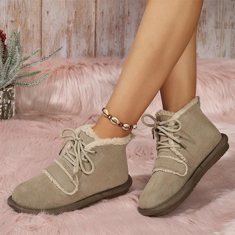 Женские замшевые зимние ботинки на плоской подошве, зимние короткие плюшевые теплые ботинки, новые повседневные хлопковые туфли на шнуровке для ходьбы Femme Zapatillas