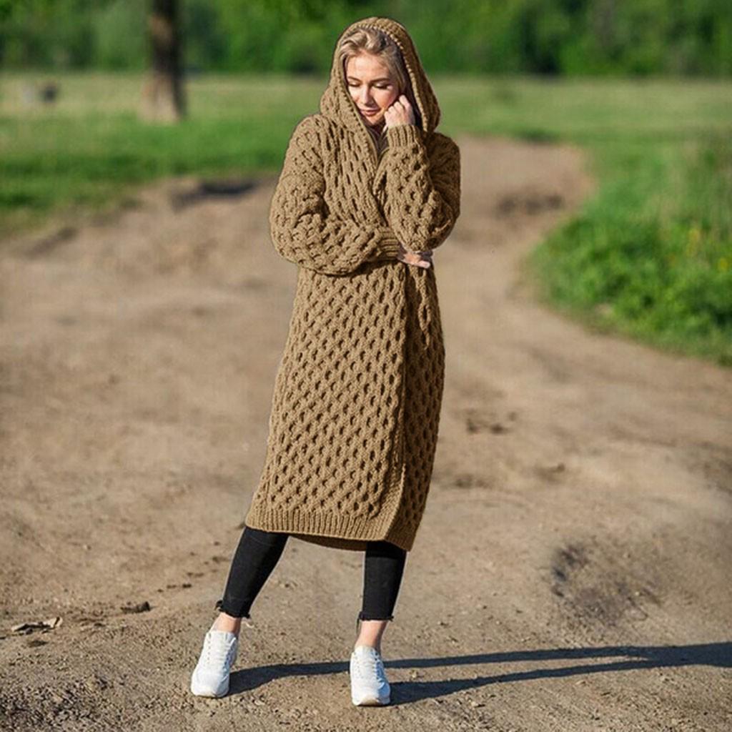 Зимний теплый новый модный женский длинный вязаный свитер с капюшоном, кардиган, пальто