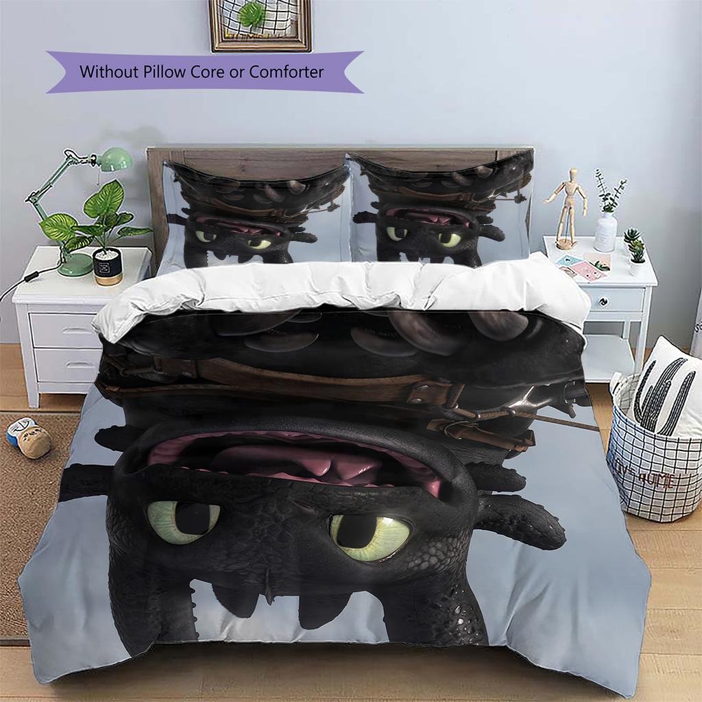 Toothless Dark Style Duvet Cover & Pillowcases, HTTYD Fan Bedding, Perfect Gift.chl