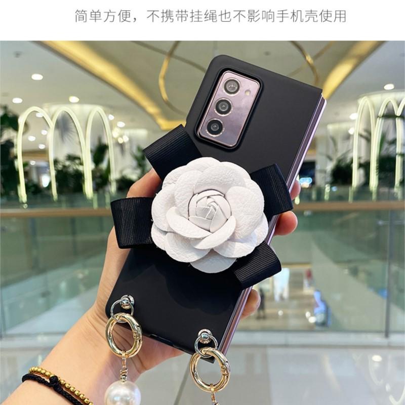 For Samsung Galaxy Z Fold 3 2 5g Diy Luxury Cortex Camellia Flower Portable Big Pearl Hand Chain Black Skin Case Cover Zfold4
