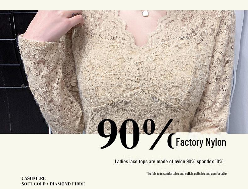 V-Neck Slim Lace Bottoming Top with Chest Pad – Long Sleeve Women's T-Shirt