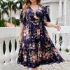 Women Summer Casual Dress Floral Print Short Sleeve V Neck High Waist Large Size Spring Fashion