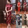 Lady Petticoats Plus Size Women Short Sleeve Dragon Phoenix Print Chinese Cheongsam Banquet Midi Dress