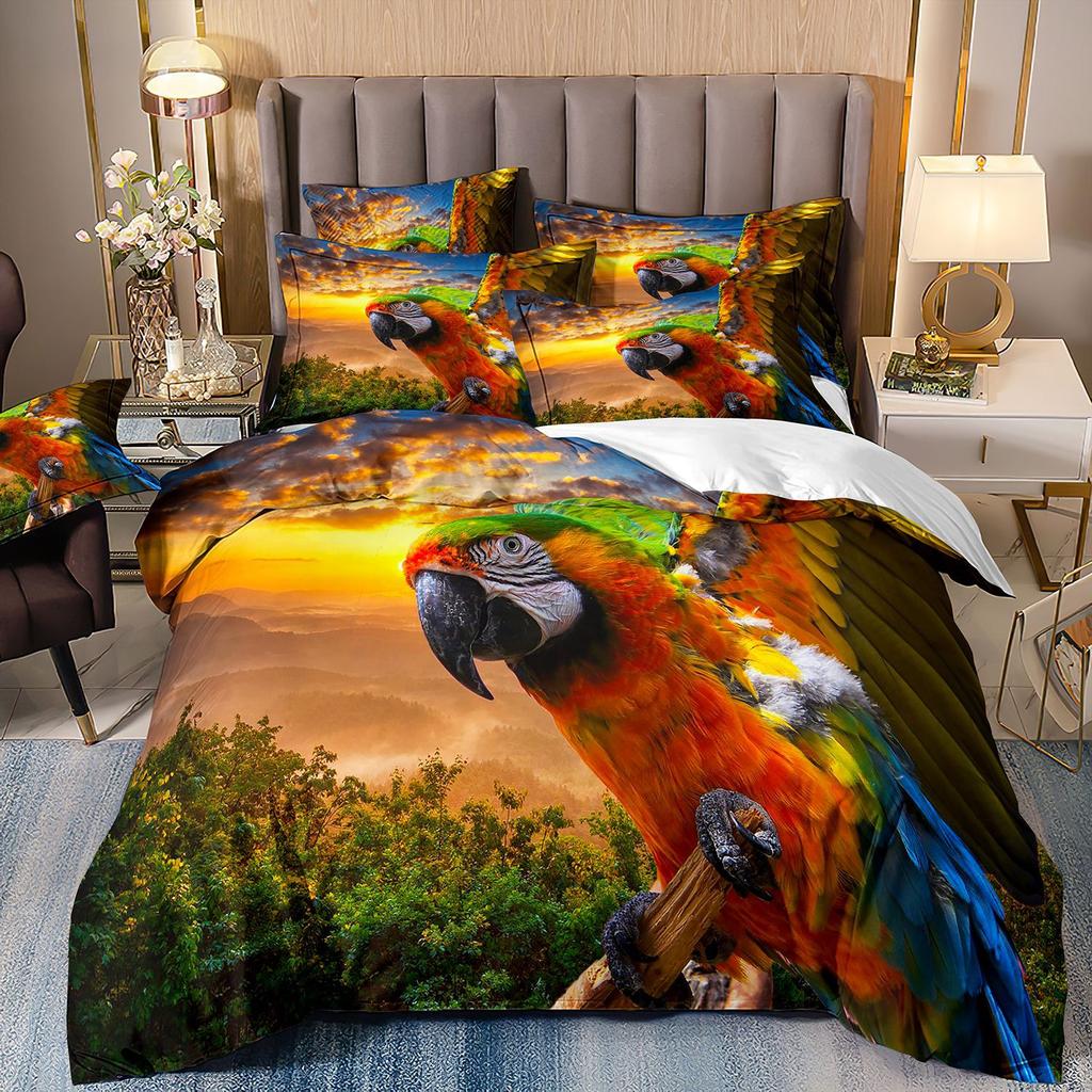 Flamingo Three-Piece 3D Printed Parrot Toucan And Tropical Flower Quilt Cover Pillowcase Bedding