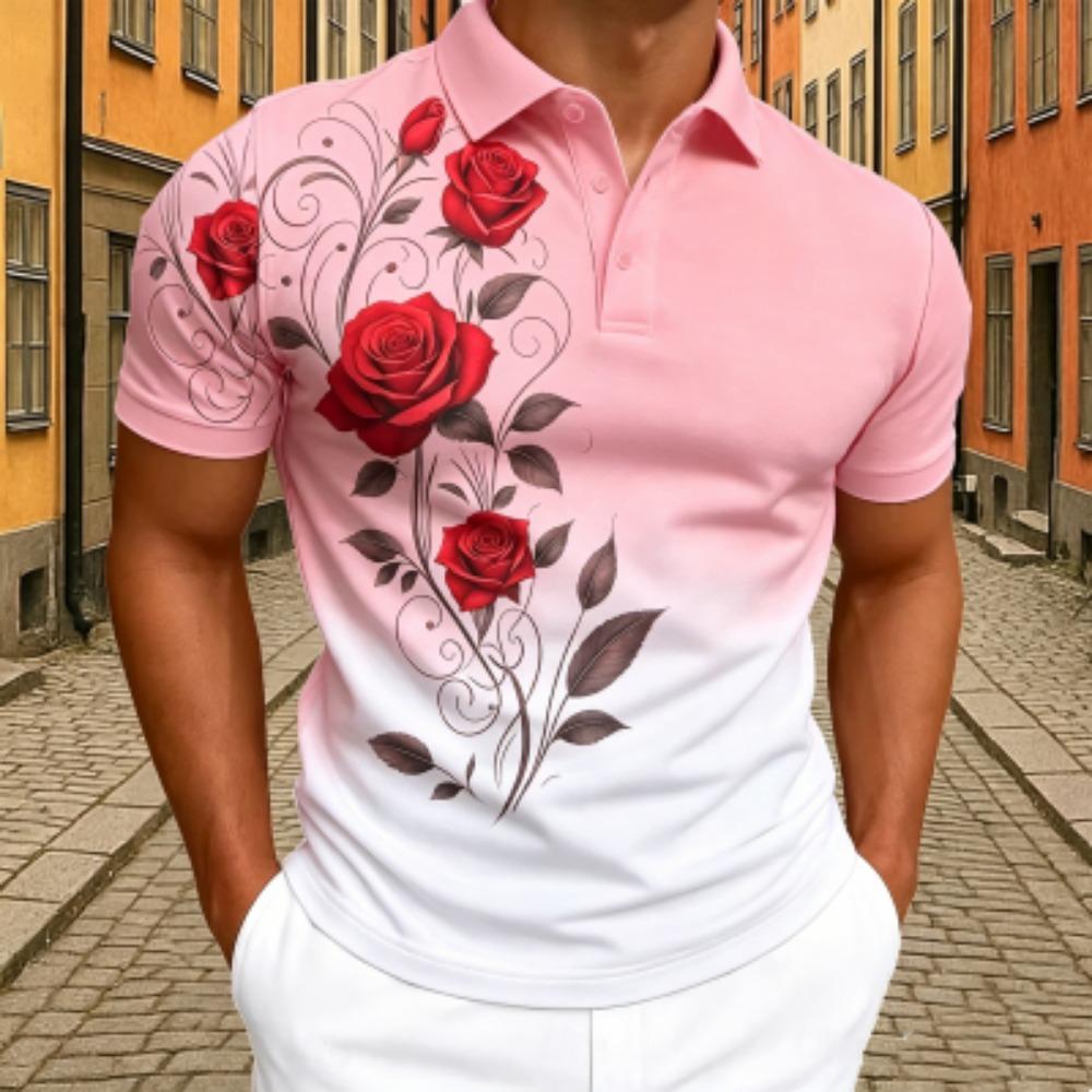 Men's Elegant Rose Floral Print Polo Shirt Men's Outdoor Street Short Sleeve Tees Top Summer Home Casual T-shirt Men's and Women's Polo Shirt