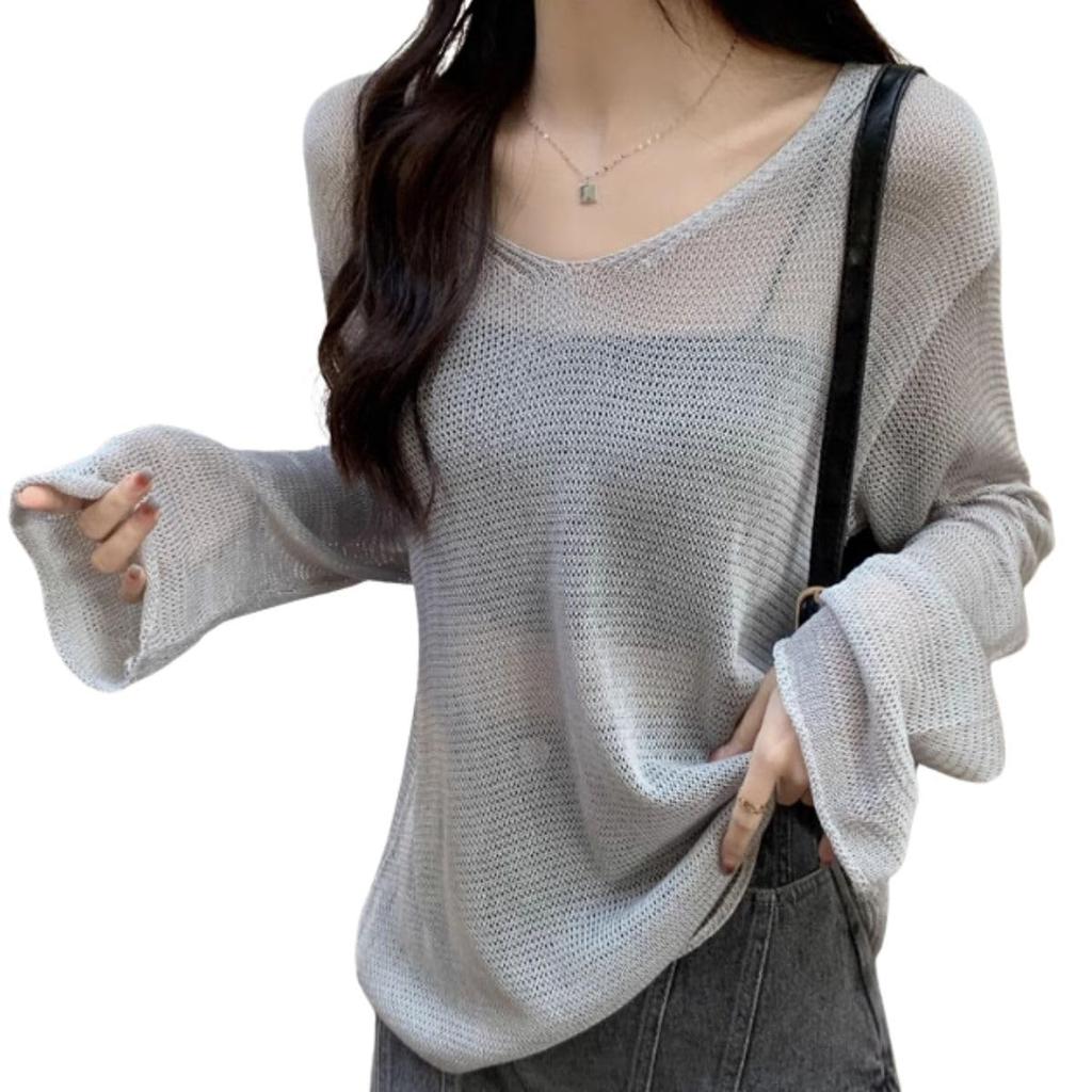 Belle Cie Ажурный вязаный свободный длинный прозрачный женский топ, Посадка, Прозрачный, Рукава, (СТ/№. 22009) (Серый)