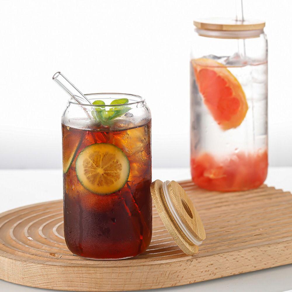 Bamboo Lids Glass Straw Cups With Straw Mason Jars for Cocktail Whiskey Milk Juice Cola