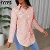 Женская мода повседневная весна осень полосатый принт длинный рукав воротник поло блузки и рубашки