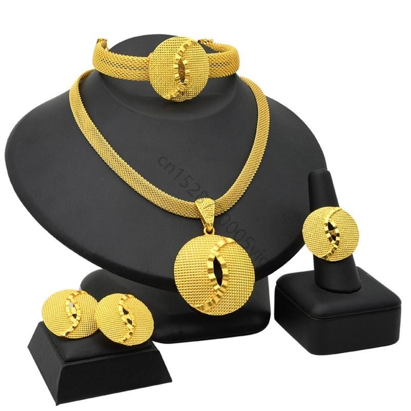 24K Gold Plated Dubai Necklace Earrings Ring Bracelet Set Indian Bridal Jewelry AXYD