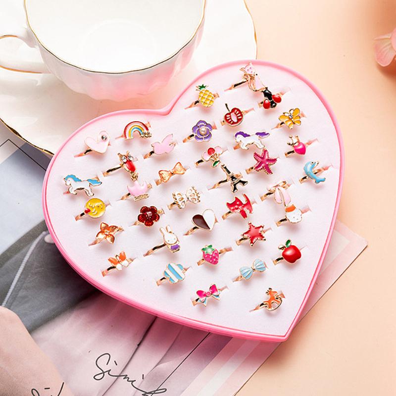10PC Random Rhinestone Children Mixed Color Butterflies Flowers Finger Rings Sets Cartoon Fruits Jewelry Accessories