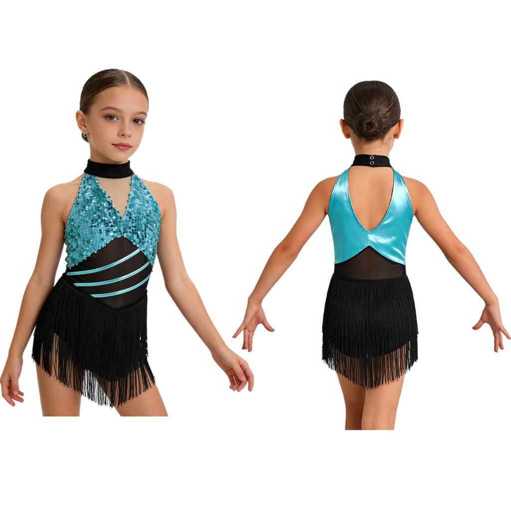 Kids Girls Cha-cha Salsa Latin Dance Costume Shiny Sequins Halter Sleeveless Mesh Waist Keyhole Metallic Back Tassels Leotard Dancewear