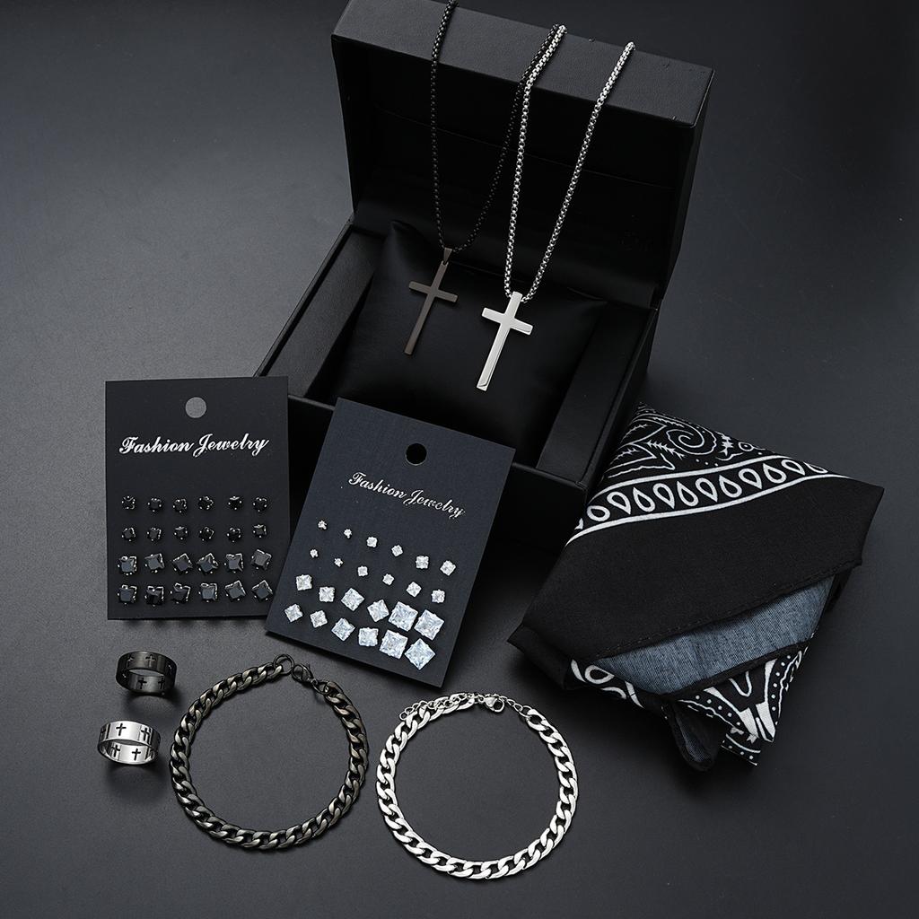 55pcs Men's Stainless Steel Jewelry Set Punk Hip Hop Zircon Stud Earrings Link Bracelet Cross Pendant Necklace Bandana Set Gifts