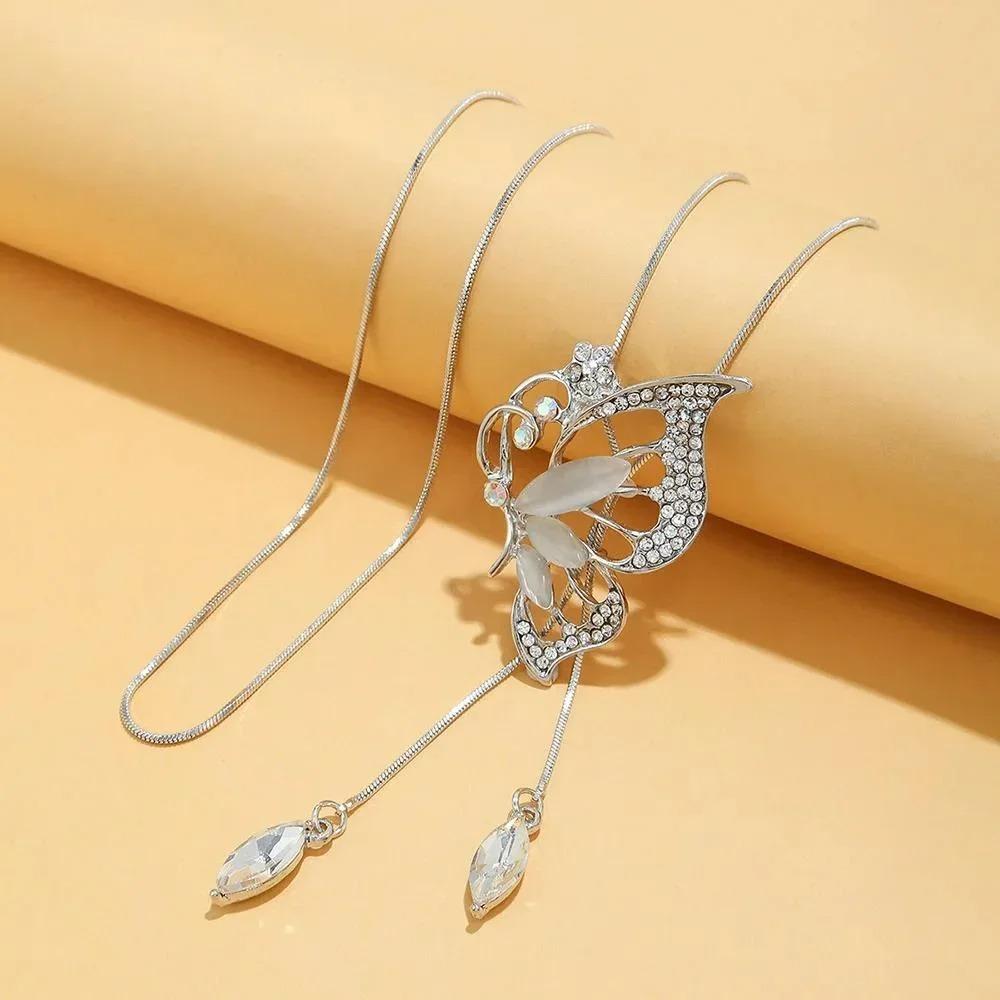 2024 New Fashion Opal Crystal Butterfly Wings Long Necklaces  Pendants For Women Simple Trendy Jewelry Sweater Chain
