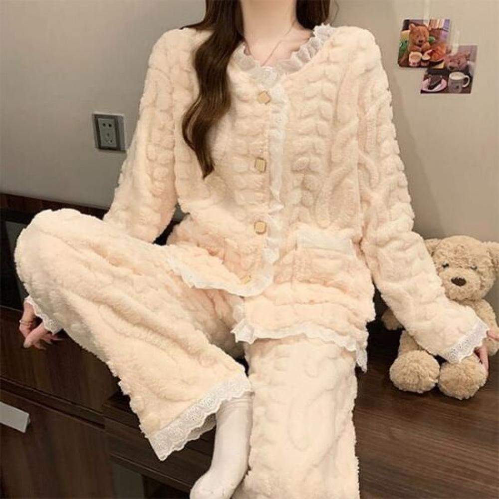Navava Women Cozy Lace Wool Pajamas Long Sleeve Two Piece Set Nt2036