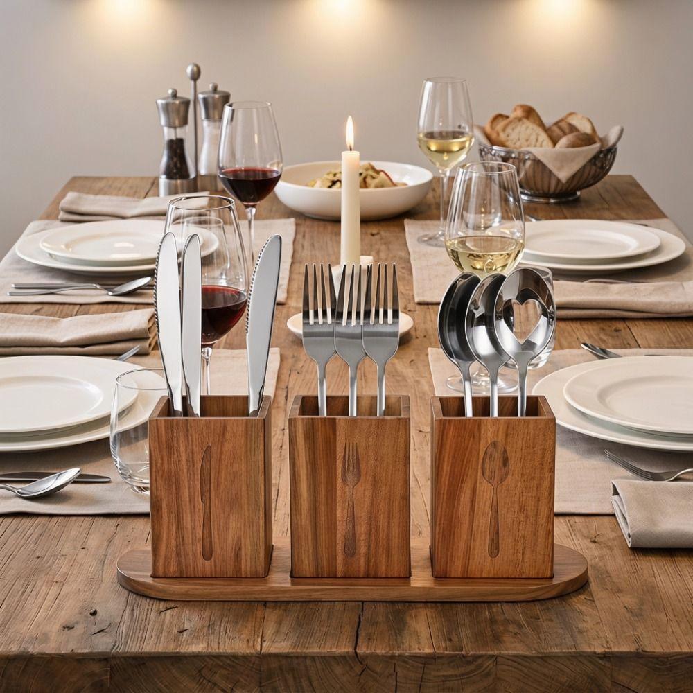 Space Saving 3 Compartment Cutlery Holder Wooden Flatware Organizer Farmhouse