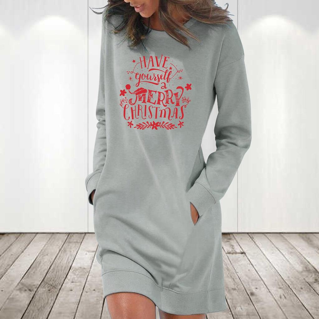 Women's Fashion Christmas Printed Pockets Long Sleeve Pullover Dress