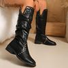 Fashion Rivet Decor Mid-Tube Boots Autumn New for Women Black PU Mid Heel Long Leather Boots Pleated Slip On Bottes Femmes Fashion Botas