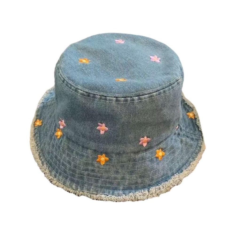 Foldable Women's Sun Hat Flower Embroidery Fisherman's Hat Denim Bucket Hat Summer Outdoor