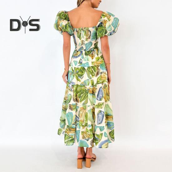 Женское вечернее платье с рукавами-пузырьками и глубоким вырезом с открытыми плечами, красочный принт, трапециевидной формы с большим подолом, лоскутное платье, плиссированное пляжное платье макси для отпуска