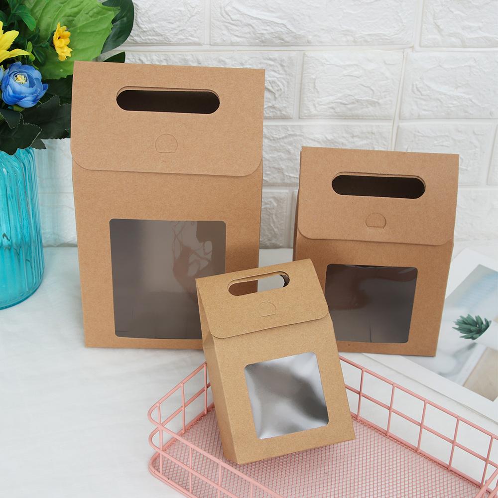 6Pcs Hot Kraft Paper Kids Gift Paper Gift Package Clear PVC Window Candy Wrapping Bag Present Case