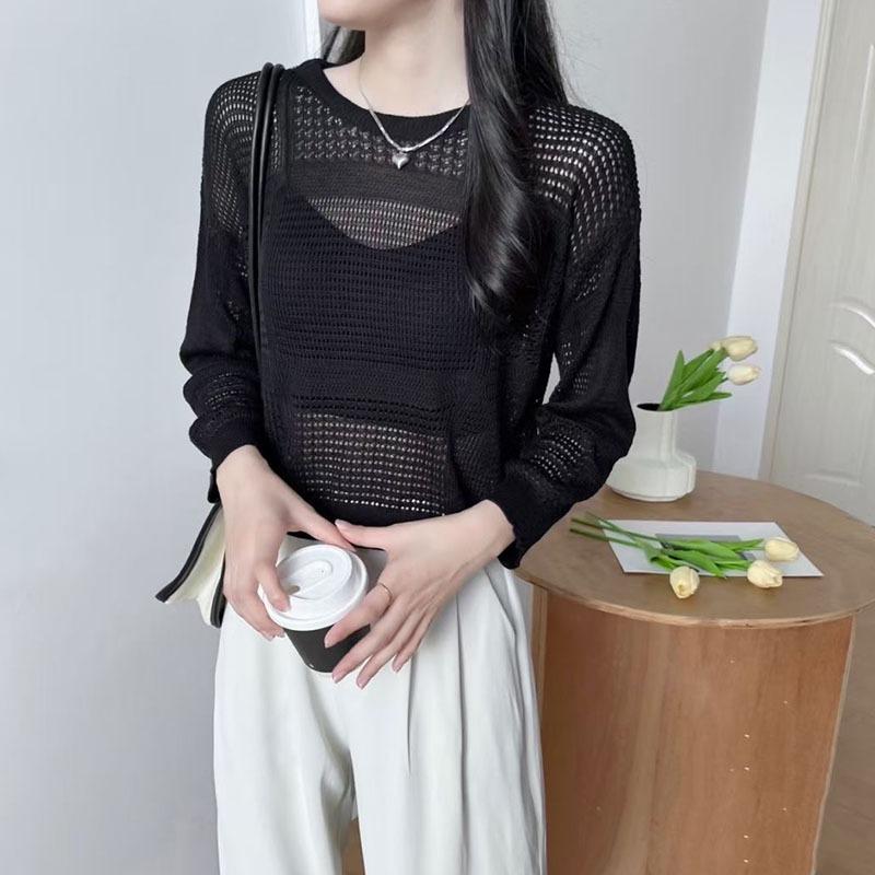 Блузка с длинным рукавом с круглым вырезом, повседневные вязаные осенние футболки из дышащей сетчатой ​​ткани